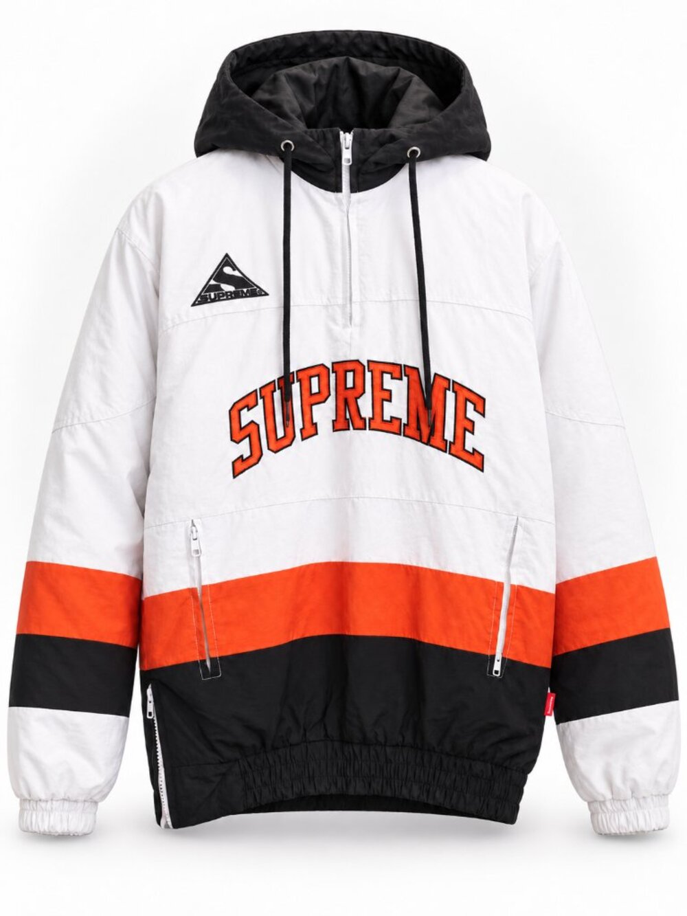 Supreme FW17 Puffy Hockey Pullover Jacket White Orange Black Hooded Size L